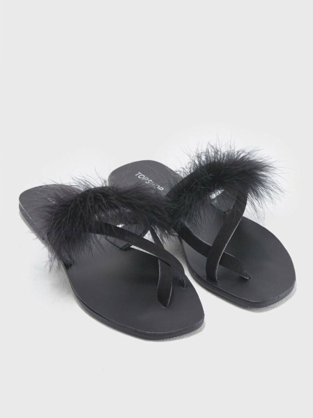 TOPSHOP Sandals Holly Fluff Feather Trim Black Suede Leather Thong Sandals 39 EU